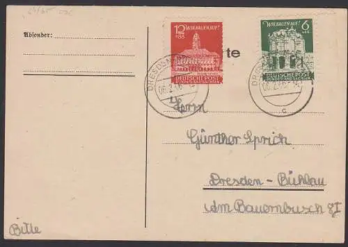 Bundesland Sachsen "Wir bauen auf!" Rathaus und Wallpavilon im Zwinger auf Karte mit Ersttagsst. (64/65)