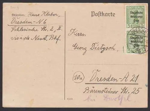 Berliner Br mit SBZ-Aufdruck 5 Pfg. im senkr. Paar Ortskarte vom 20.5.49 (200B)