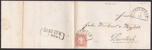 Lingenfeld Bayern Faltbrief nach Durlach 1.12.1871 mit 3 Kr. (23), saubere Stempelabschlge (Sem Typ 12a)