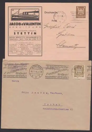 Deutsches Reich 3 Pfg. Adler in zwei Farben aus Stettin 20.10.24 13.3.26 bzw. Mnchen MWSt