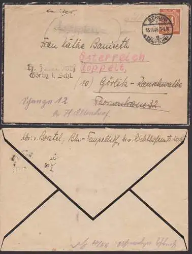 Nachsendebrief von Berlin-Tempelhof n. Grlitz-Rauschwalde, rs. Vermerk, abgereist, Z2 H. Altendorf Grlitz i. Schl