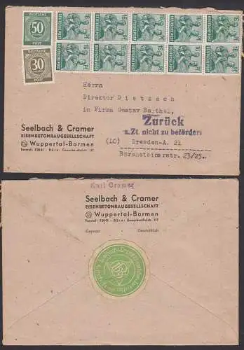 Wuppertal-Barmen Fernbrief in die SBZ als 10-fach frankiert mit Z2 "zurck z.Zt. Nicht zu bfrdern"