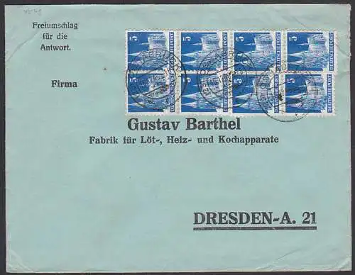 Osnabrck 16.12.48, Freiumschlag fr die Antwort, 5 Pfg. Klner Dom in zwei 4er-Streifen (75 wg)