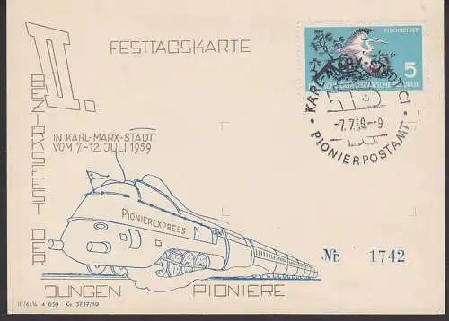 Pionierpostamt Karl-Marx-Stadt 7.7.59, Schmuckkarte mit Pionierexpress