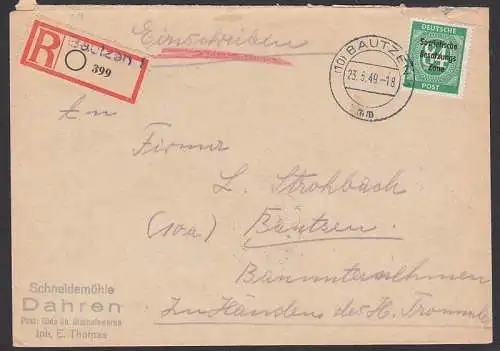 Bautzen  Aushilfs-R-Zettel 23.5.49 84 Pfg. Ziffern mit SBZ-Aufdruck, berfr. Ortsbrief, Abs. Gda b. Bischofswerda