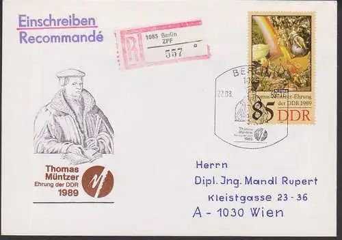 Thomas-Mntzer-Ehrung SSt. Berlin 22.8.89 Auslands-R-Bf nach Wien
