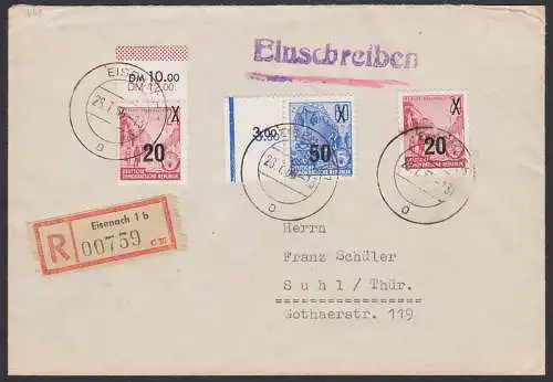 Portosenkung OSt. Eisenach 28.7.55 , R-Bf mit Audruckmarken, dabei Randstcke Bf gefaltet