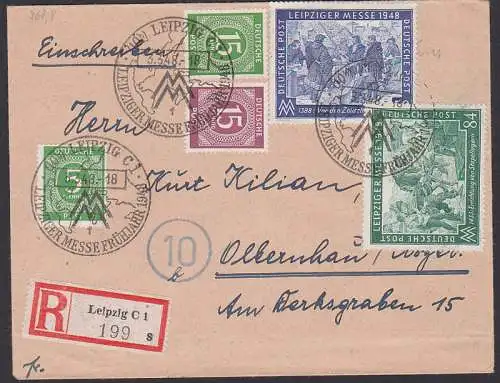 MM Leipzig SSt. 3.3.48 R-Bf mit Messe-Sondermarken nach Olbernhau (967,68)