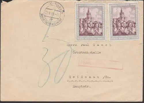 Spendenmarke  Vorwrts zu den Weltfestspielen Warschau 1955 auf Fernbrief mit Nachporto OSt. 22.8.55