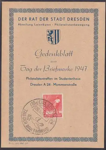 Gedenkblatt Rat der Stadt Dresden Abt. Laienkunst, SSt. 26.10.47