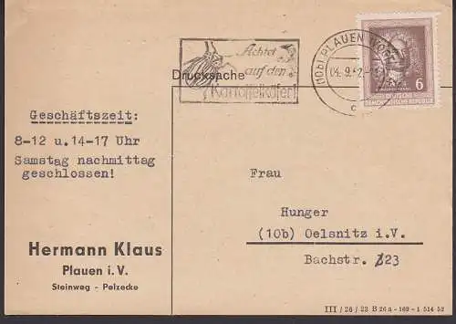 Friedrich Hndel 6 Pfg. MWSt. 4.9.52 Plauen Achtet auf den Kartoffelkfer (308)