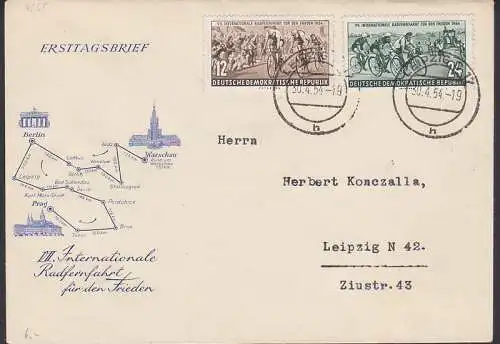 Internationale Friedensfahrt Warschau Berlin Prag Radrennen mit Ortsstempel DDR 426-427 FDC