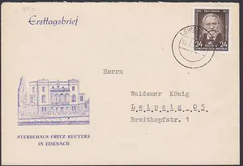 Fritz Reuter Eisenach Sterbehaus niederdeutscher Schriftsteller FDC DDR 430 mit Tagesst. Leipzig