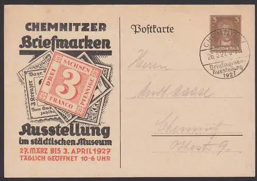Chemnitzer Briefmarkenausstellung PP97 C1 SSt. Ausstellung 26.3.27 mit Zusatzfrank