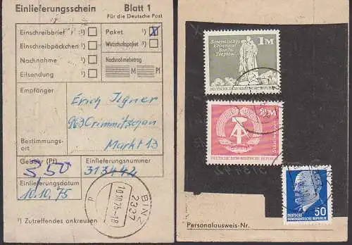 Binz 10.10.75 frankierter Einlieferungsschein, Paket-SbPA-Formular nach Crimmitschau, verklebte Gebhr 3,50
