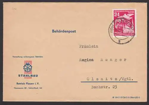 Völkerkongress Wien 1952 Fernbrief als Behrdenpost aus Plauen (Vogtl) VVB