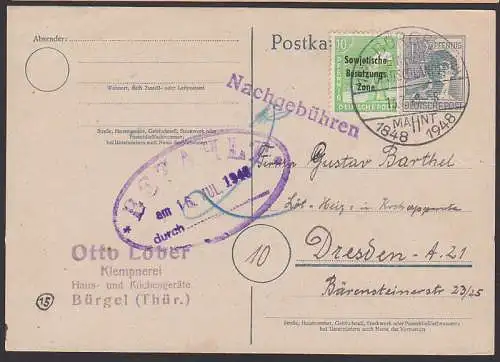 Brgel (Thr.) SSt. Einheit Deutshland mit Nachgebühr, da 1 Pfg. fehlte, 10-Fach mit SBZ-Aufdruck 13.7.48