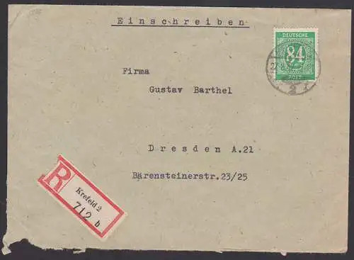 Krefeld R-Brief mit Kontrollrat I 84 Pfg (936) 27.8.47