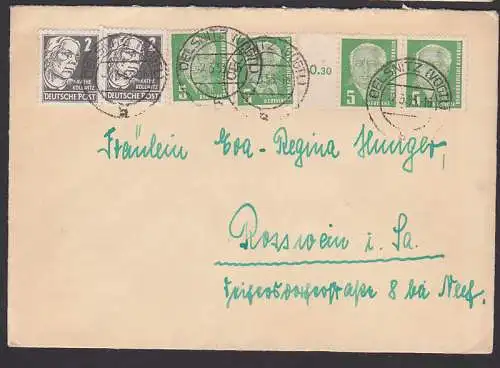 Wilhelm Pieck 5 Pfg und Käthe Kollwitz, portogenau auf Fernbrief 2.3.53, dabei Randst