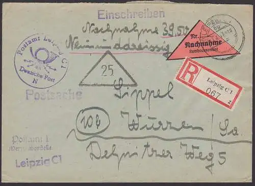 Postamt Leipzig C1 Nachnahme-Einschreiben als Postsache 17.4.47