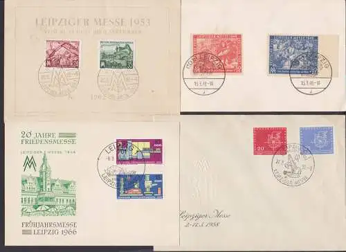 MM Leipziger Messe 4 Belege mit SSt zw. 1949 und1966, Gedenkblatt mit Nr. 4942 befördert