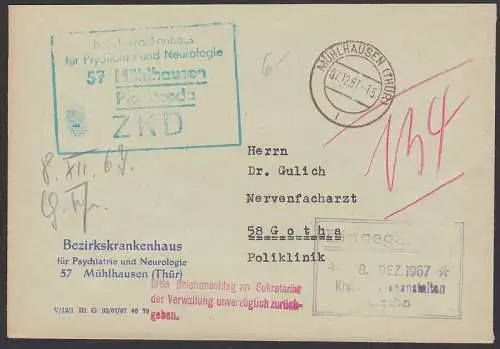 Mühlhausen R5 ZKD-St. in Grün statt violett, 7.12.67 Bezikskrankenhaus mit rotem Z3 Bitte Umschlag an Sekretatiat