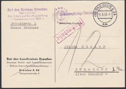 Rat des Kreises Dresden portopflichtige Dienstsache 16.9.53, mit Nachgebühr, betr. Schwerbeschädigtenausweis