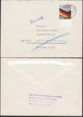 Postkrieg BRD-DDR FDC Mi. 1265 40 Jahre Eingliederung Heimatvertriebener BRD nach Niederwartha mit 'zurück-Vermerk'