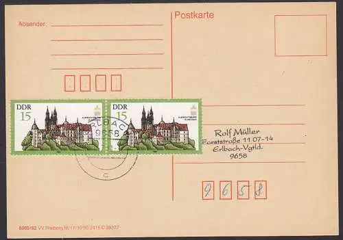 Albrechtsburg Meissen, 15 Pfg. Karte (2870), portogenau OSt. Erlbach 1.7.90 mit neuer Gebühr durch Währungsunion