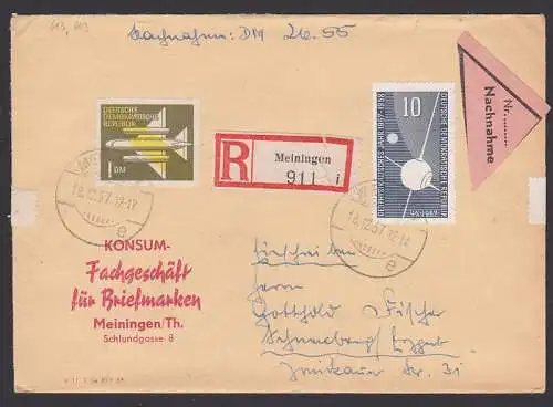 KONSUM-Fachgeschäft für Briefmarken Meinigen, R-Nachnahme  mit 1 M Luftpost (603, 613) 8.12.57 Altstempel