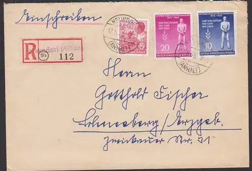 Neundorf (Anhalt) R-Bf mit Aushilfs-Zettel 17.5,55, mit 40 Pfg. Chemiker, Ehrenmal Friedhof Brandenburg