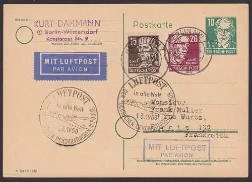 Berlin NW 7 28.2.50 und SSt. LUFTPOST in alle Welt 1.3.1950 auf 10 Pfg. GA mit Zusatzfr. Nach Paris