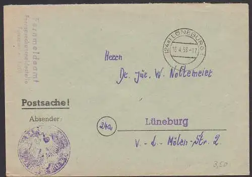 Postsache Lüneburg 16.4.53 mit Amtssiegel vom Fernmeldeamt