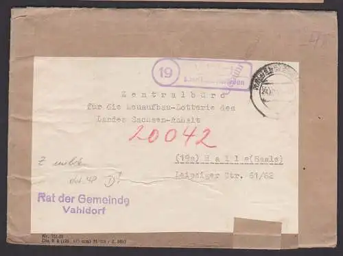 Vahldorf Rat der Gemeinde PSSt. über Haldesleben 24.10.48 nach Halle, Doppelbrief