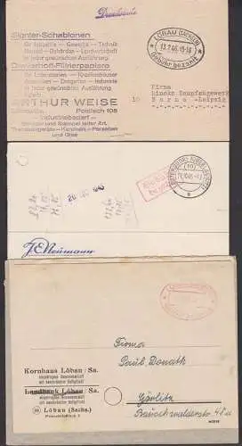 Leutersdorf (Oberlausitz) 17.10.45 Hausschuhfabrik, Löbau Kornhaus,  drei Barfrankaturen