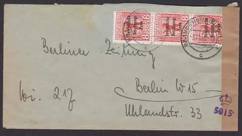 Brandenburg 3.11.48, 8 Pfg. Bär mit SBZ-Aufdruck nach Berlin W15 mit britischer Zensur 5015