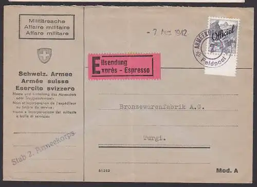 Militärsache Schweiz Stab 2. Armeekorps Feldpost Eilsendung nach Turgi 7. August 1942
