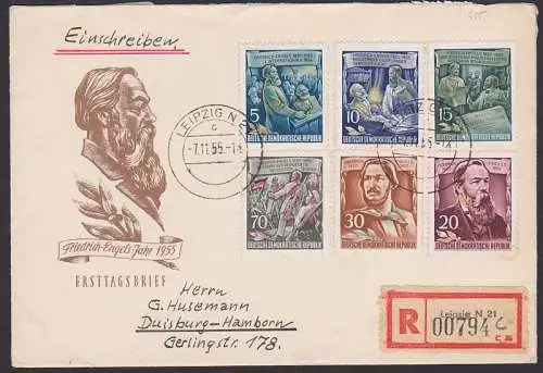 Friedrich-Engels-Jahr 1955 Leipzig 7.11.55 FDC-Einschreiben (485/90). ss. Eing,-St