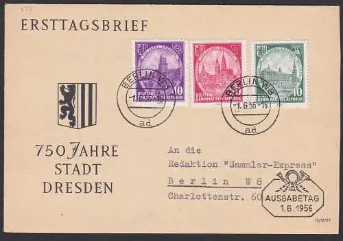 750 Jahre Stadt Dresden (524/26) OSt. Berlin 1.6.56, Schmuckumschlag mit Wappen