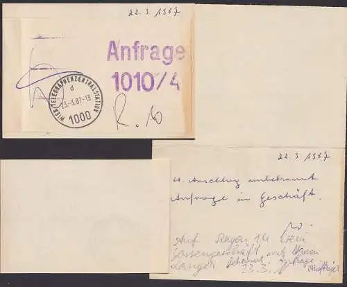Wien Telegrafenzentralstation 23.3.87, int. Bearbeitungszettel Anfrage 1010/4
