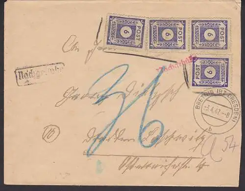 Bretnig (Bz. Dresden) 3.4.47, Fernbrief mit Nachgebühr, da PWZ nicht mehr gültig
