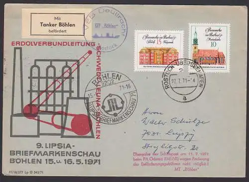 Rostock-Überseehafen 27.7.71 "Mit Tanker Böhlen befördert", jedoch Übergabe an Schiffspost nicht möglich