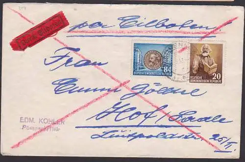 Stalinalle Berlin mit 84 und 20 Pfg. Karl Marx, Eilbrief aus Pössneck (353)