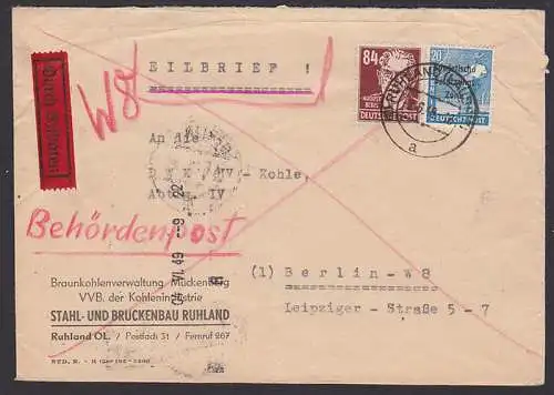 Behördenpost Ruhland Braunkohlenverwaltung nach Berlin, vs. Rohrpost- Zeitstempel  04 VI. 49