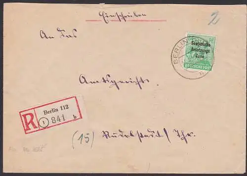 SBZ-Aufdruck auf 84 Pfg (197) aus Berlin 112, Abs. rs. aus Berlin-Neukölln