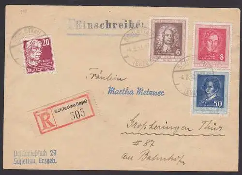 Schlettau (Erzgeb) 4.8.52 R-Brief vom Ersttag (310/12)