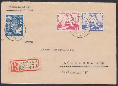 Leipziger Messe 1951 R-Bf Dresden nach Lörrach (282/84) mit 2 Pfg. überfrankiert