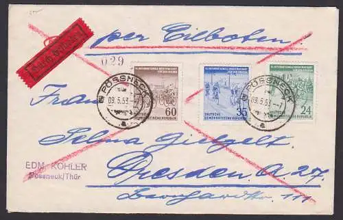 Pössneck 9.3.53, VI. Radfernfahrt für den Frieden (355/57) Eilbrief