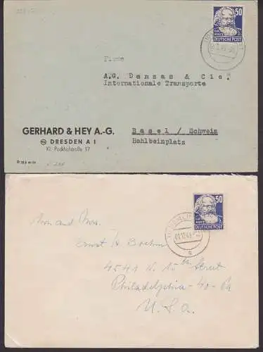 Karl Marx 50 Pfg (224) je auf Auslandsbrief aus Berlin bzw.  Dresden