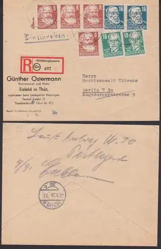 Hildburghausen R-Bf nach Berlin, rs. Vermerk lt. Antrag W 30 postlagernd MiF von Köpfe I, li und oben offen